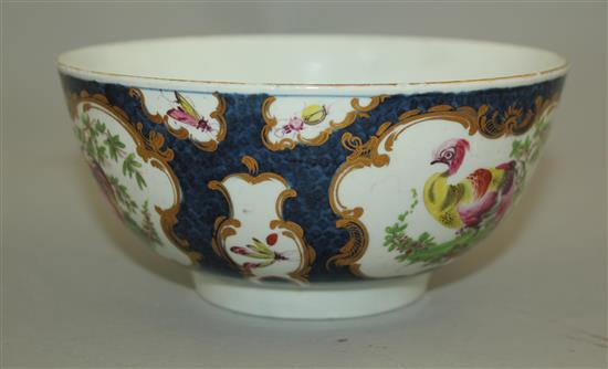 A Worcester scale blue fantastic birds bowl, c.1775, diam. 16cm, wear to interior